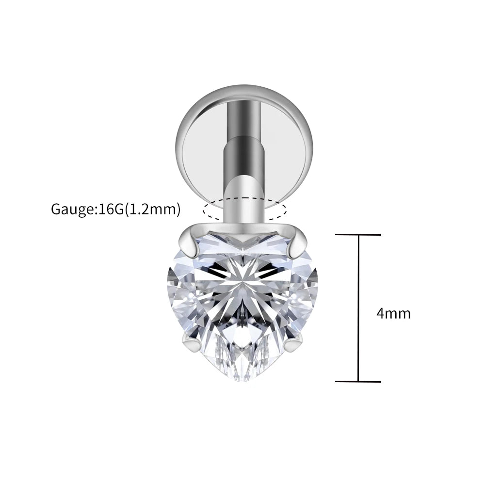 Right Grand ASTM F136 Titanium 16G Heart CZ Threaded Labret Stud – 3mm/4mm/5mm CZ Cartilage, Tragus, Helix & Nose Piercing Jewelry