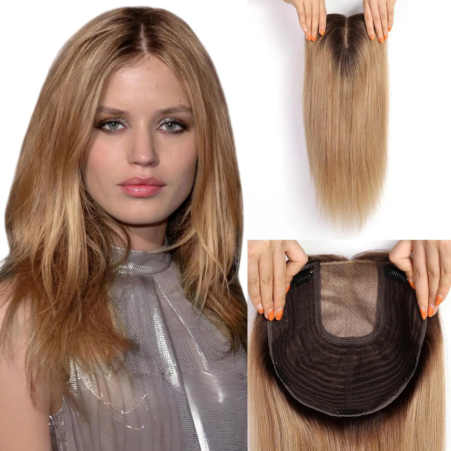 Brown Blonde Highlight Remy Human Hair Toppers – 16 Inch Straight Clip-In Silk Base Hairpiece for Women, Topper Hair Extensions