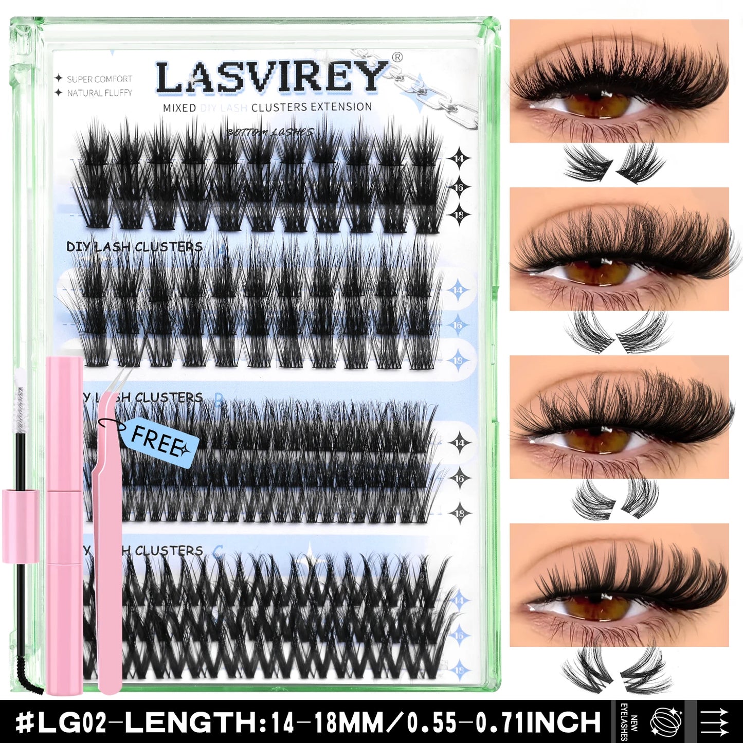 Lasvirey DIY Cluster Lashes Kit β 4-in-1 Fluffy Eyelash Extension Set with Lash Bond & Seal, Mixed Full Individual Lash Clusters