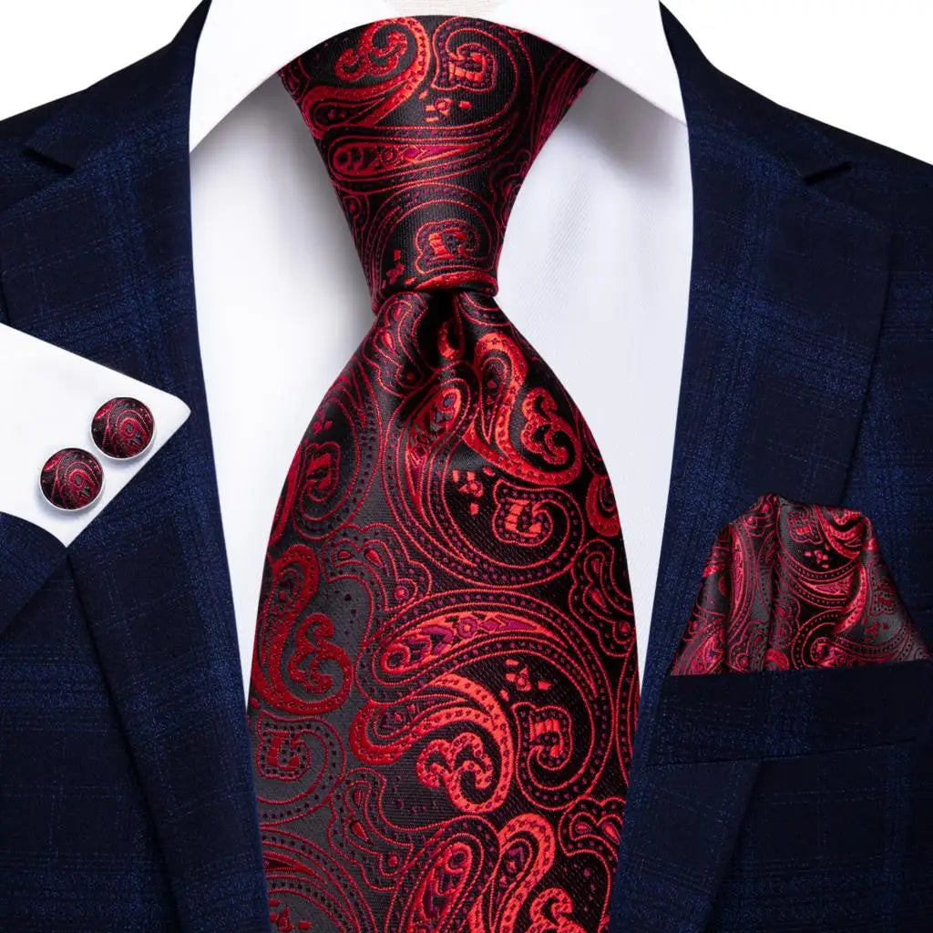 Hi-Tie Red Burgundy Plaid Silk Tie Set — Designer Men’s Necktie with Handkerchief & Cufflinks for Wedding or Business