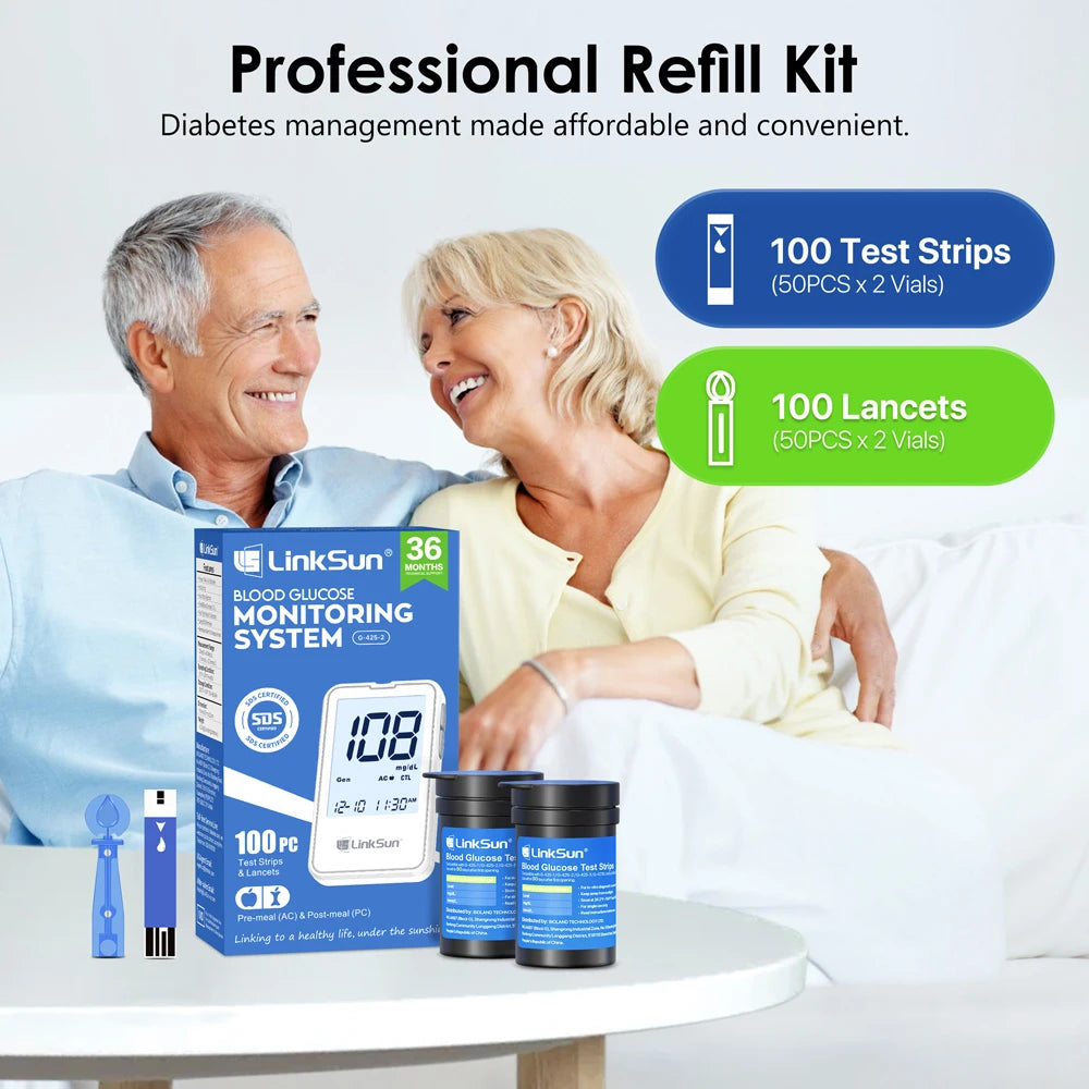 G-425-2 Linksun Blood Glucose Meter - Digital Blood Sugar Monitor with 50 or 100 Test Strips for Diabetes Testing