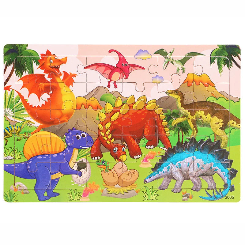 30PCS Wooden Jigsaw Puzzle – Cartoon Animal & Vehicle Educational Toys for Kids