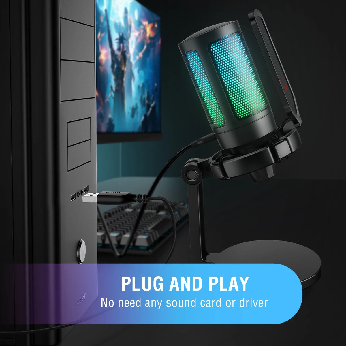 AmpliGame by FIFINE USB Gaming Microphone — RGB Condenser Mic with Gain Knob, Touch Mute for Streaming, Podcast, PC, Switch & PS5 A6NEO