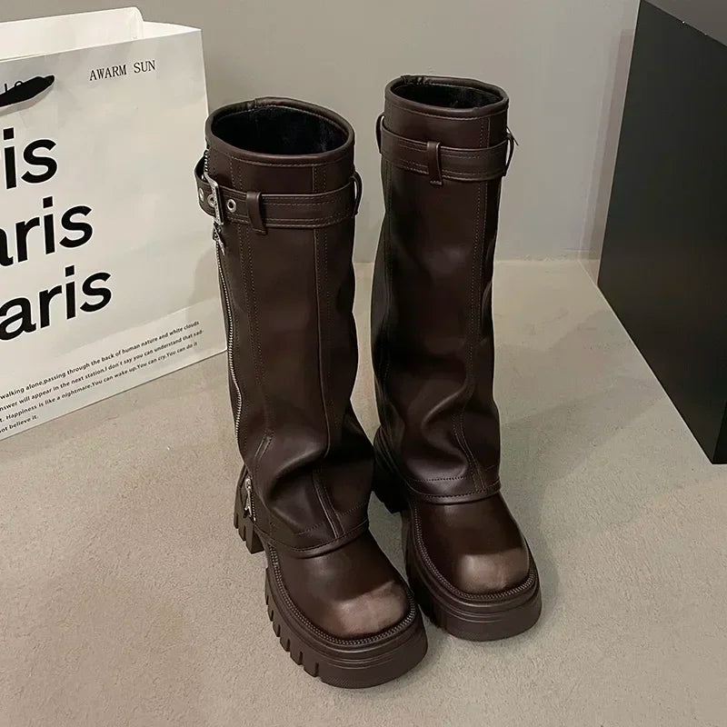 Winter Women's Biker Boots – Fashion Belt Buckle Knee-High Platform Booties