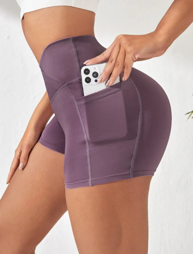 Women High Waist Yoga Biker Shorts - Cross Waist Fitness Shorts with Pocket for Workout & Activewear