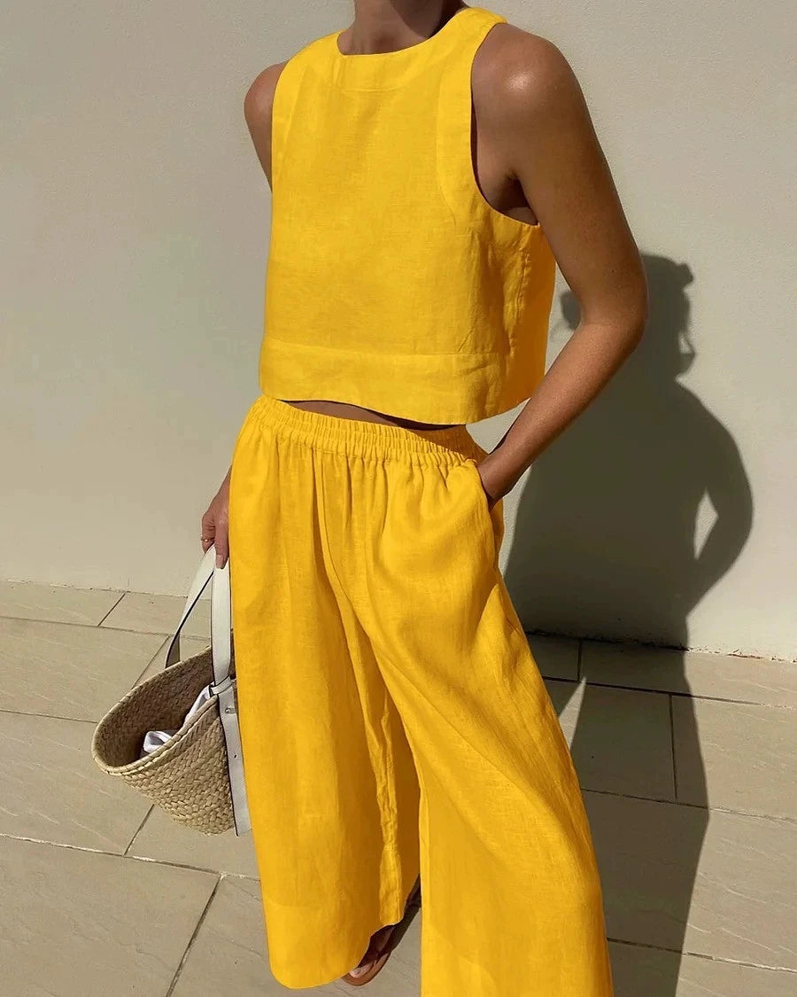 Women Cotton Linen 2-Piece Set – Sleeveless Lace-Up Top & Drawstring Long Pants Summer Commuting Outfit 2023 Fashion