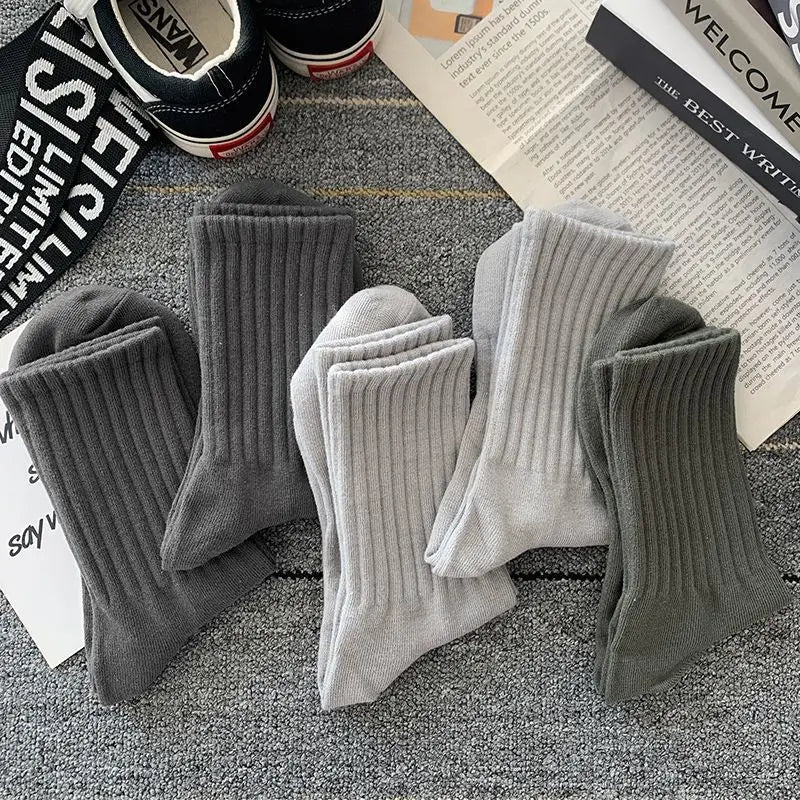 5 Pairs Cool Men's Socks Set – Black & White, Warm Autumn/Winter Sport Short Socks, Solid Color for Men
