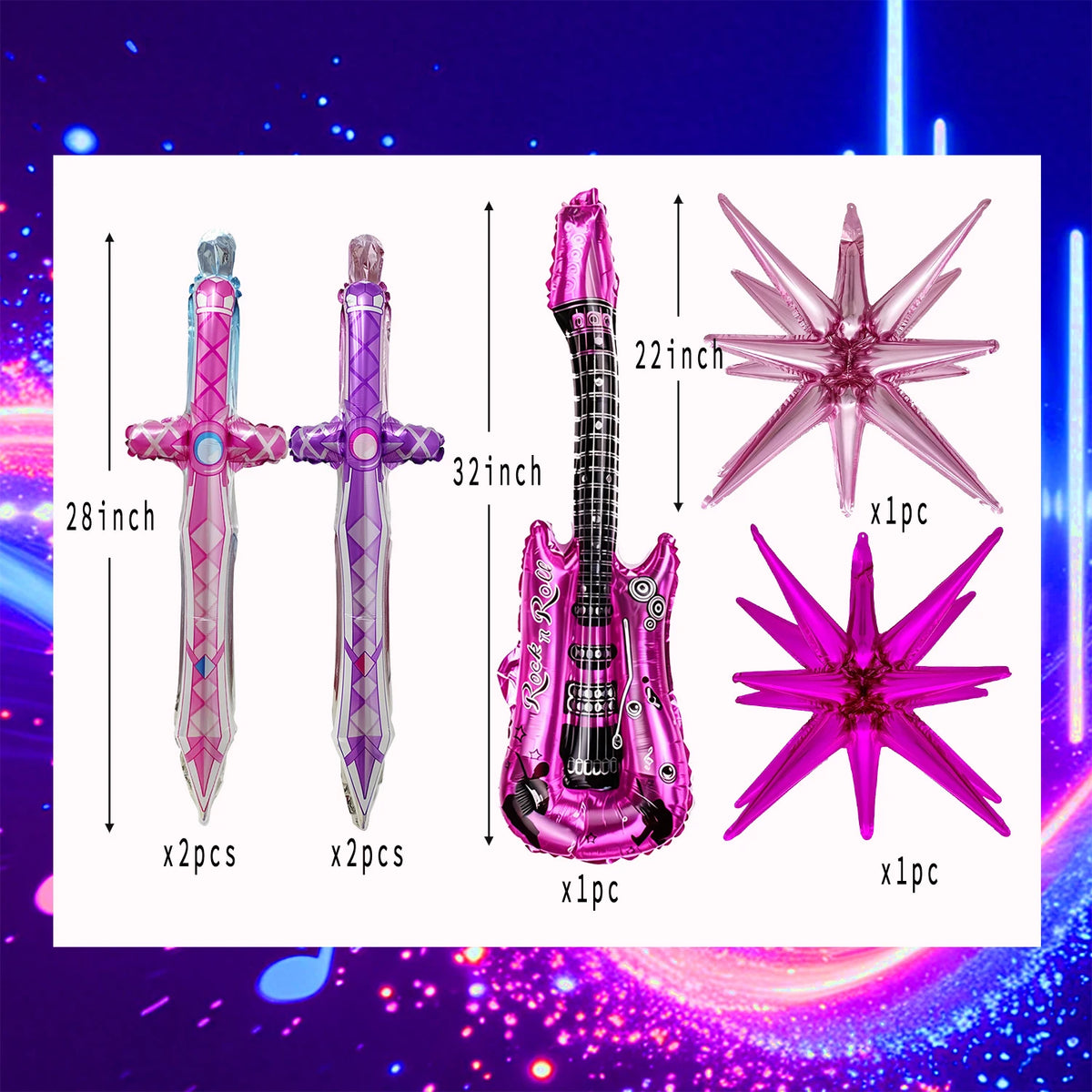 7-Piece K-Pop Balloon Set - Pink and Purple Music-Themed Party Decorations for Birthdays, Concerts, and K-Pop Celebrations