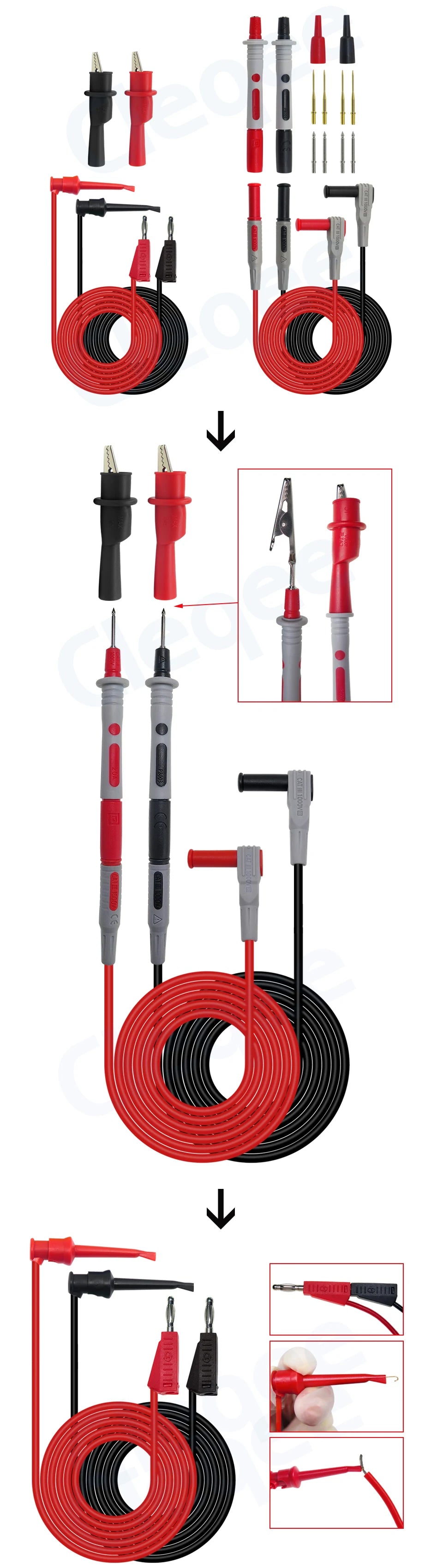 P1308B 18PCS Test Lead Kit – 4mm Banana Plug to Test Hook Cable with Multimeter Probes & Alligator Clips