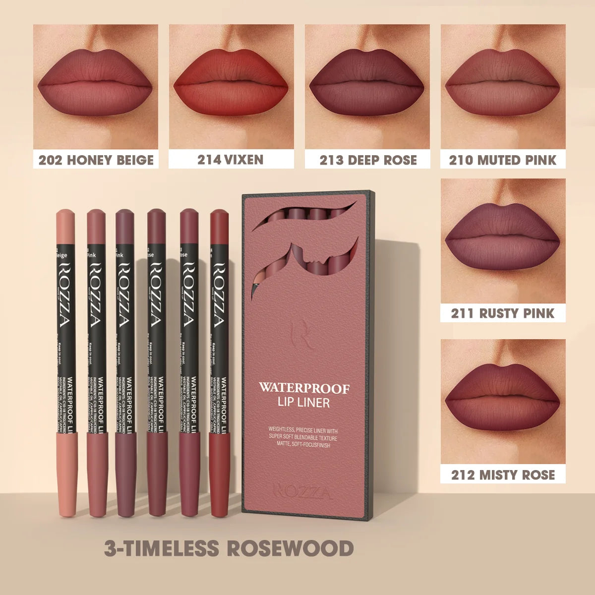 Rozza Waterproof Matte Lip Liner Pencil Set – Weightless, Precise, Super Soft & Blendable