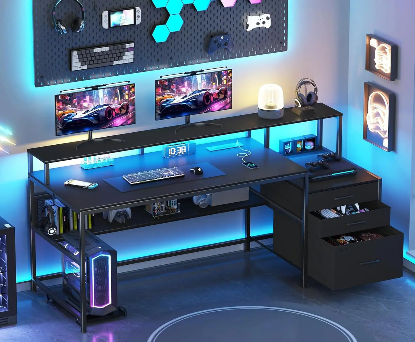 66" Computer Desk with LED Lights & Power Outlets – Home Office Desk with 3 Drawers, Storage Shelf & Gaming Desk