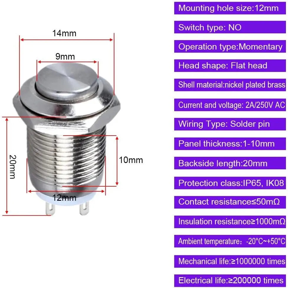 6PCS 12mm Momentary Push Button Switch – 12V Waterproof Chrome Stainless Steel, 2-Pin N/O Power Button