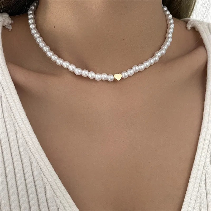 Imitation Pearl Heart Choker Necklace for Women – Trendy Party Clavicle Jewelry Gift