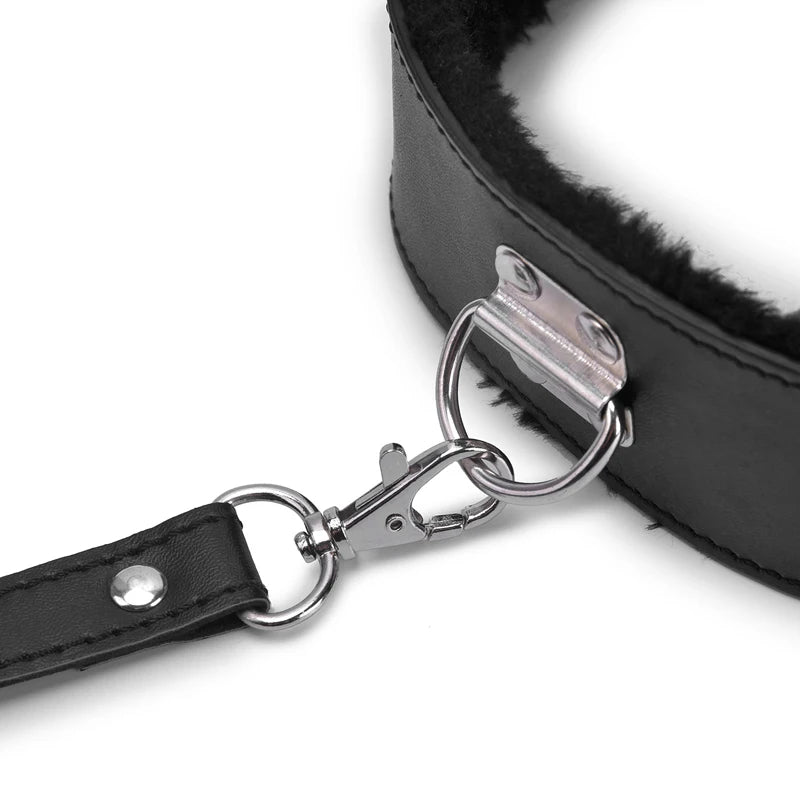 Plush-Lined BDSM Leather Collar & Leash Set - Adjustable Adult Bondage Restraint Accessory