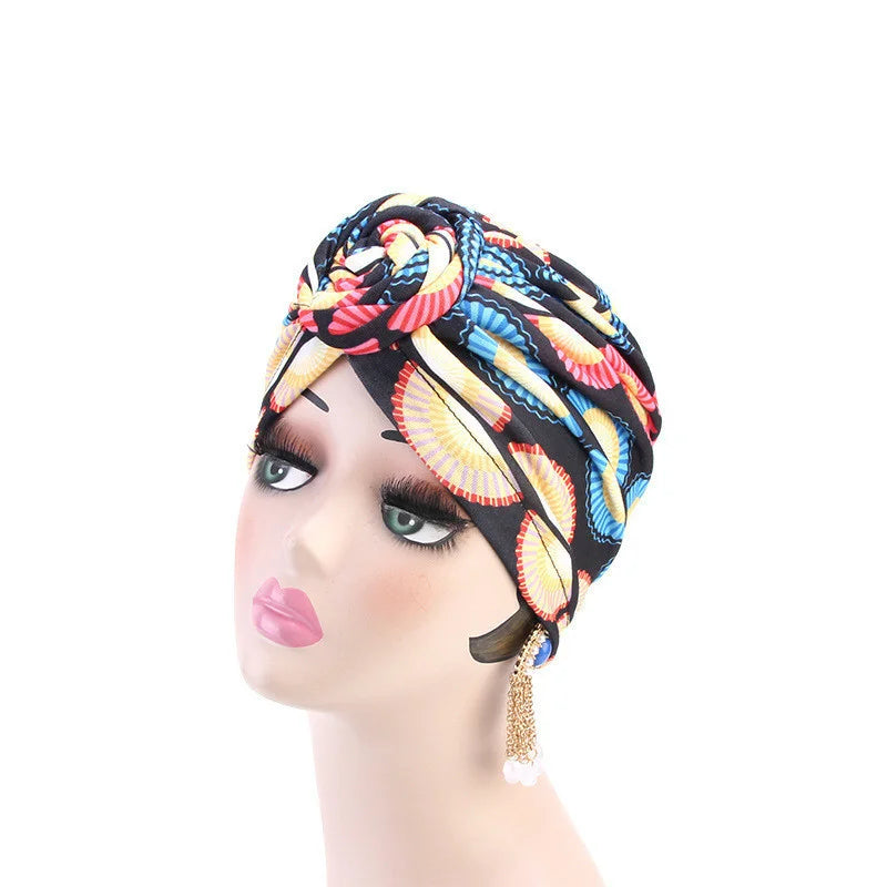 African Floral Pleated Turban - Elegant Knot Flower Beanie Head Wrap for Women, Bandana & Head Cover