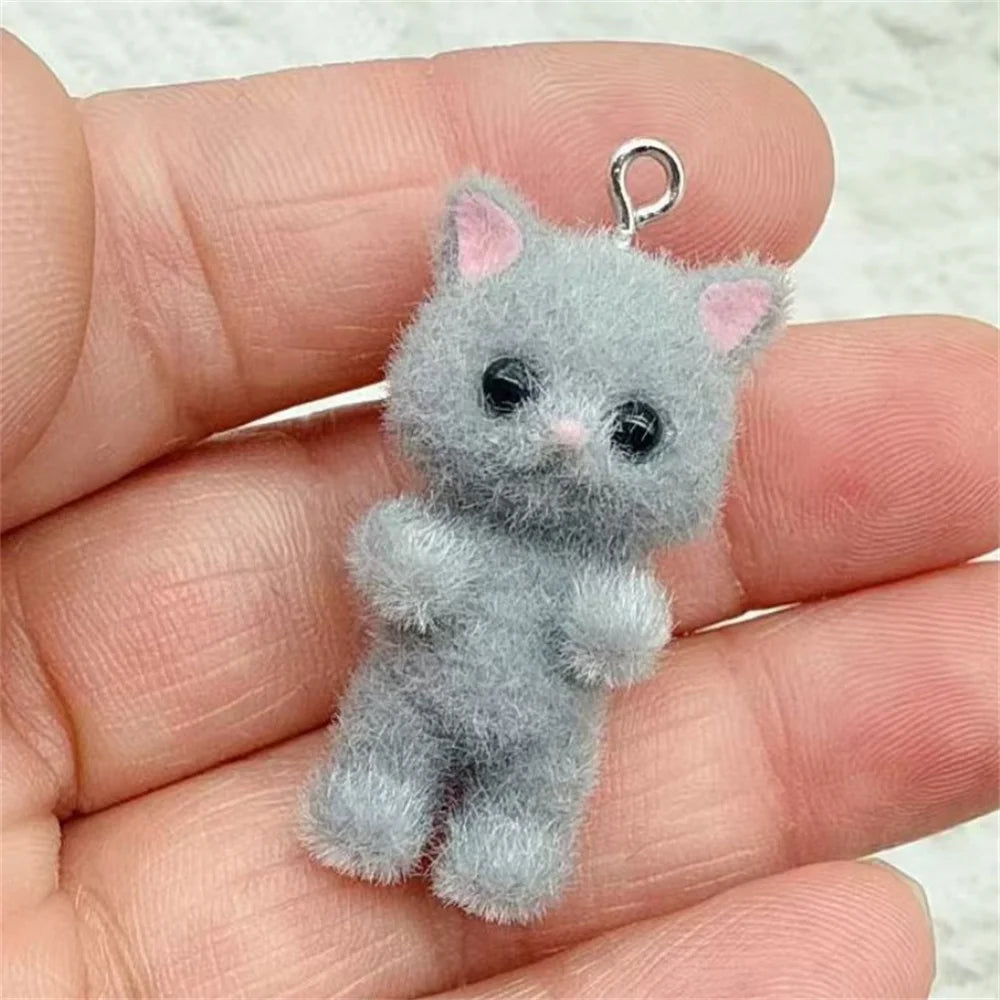 4-Piece Kawaii 3D Flocking Cat Charms - Colorful Resin Animal Pendants for Keychains, Necklaces & DIY Jewelry Making