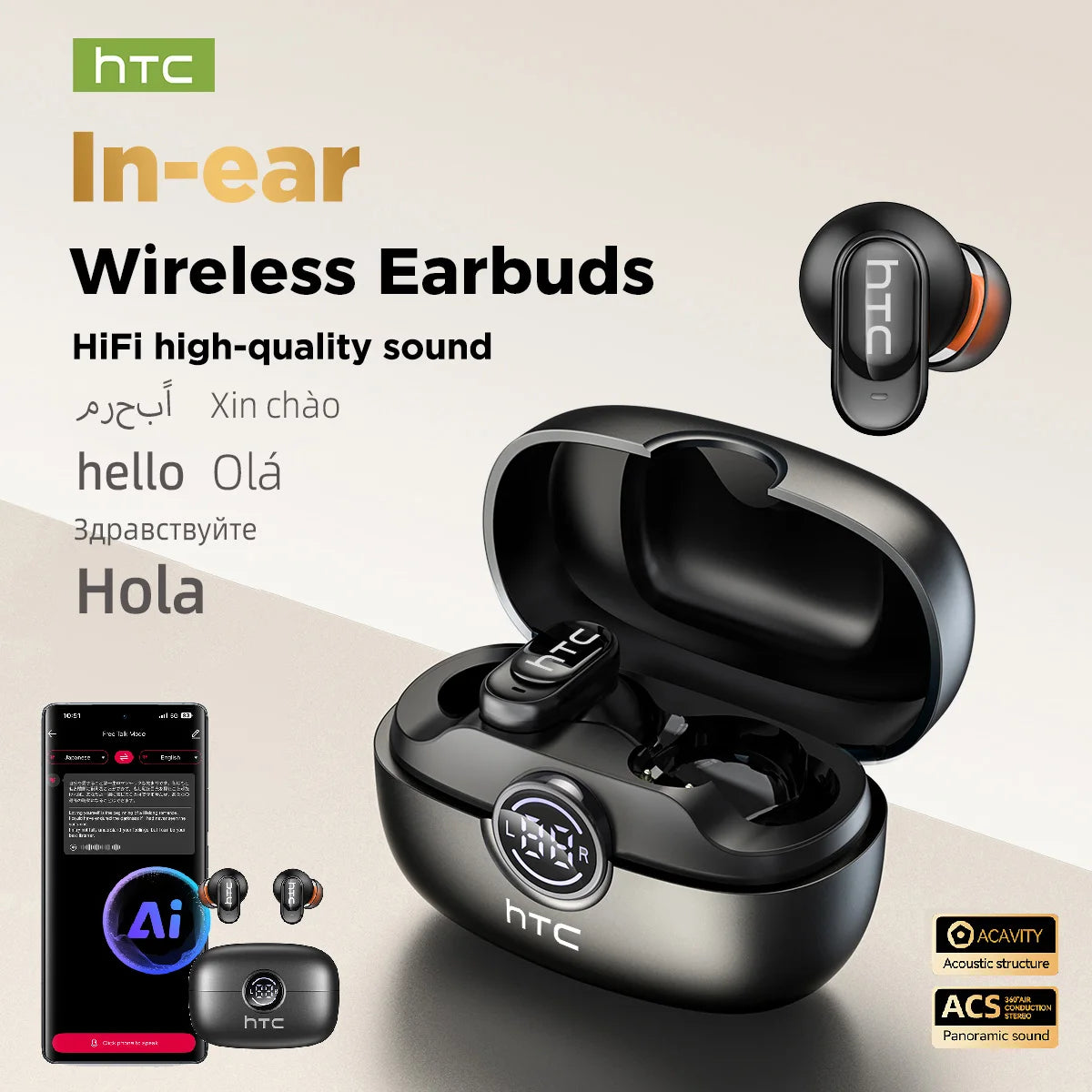 HTC NE79 TWS Bluetooth Earbuds - AI Translator Wireless Headphones with Noise Cancellation