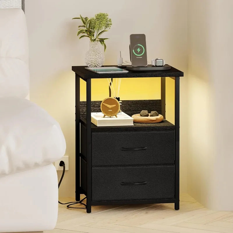 LED Nightstand with Charging Station – USB Ports, Outlets & 2 Fabric Storage Drawers Bedside Table