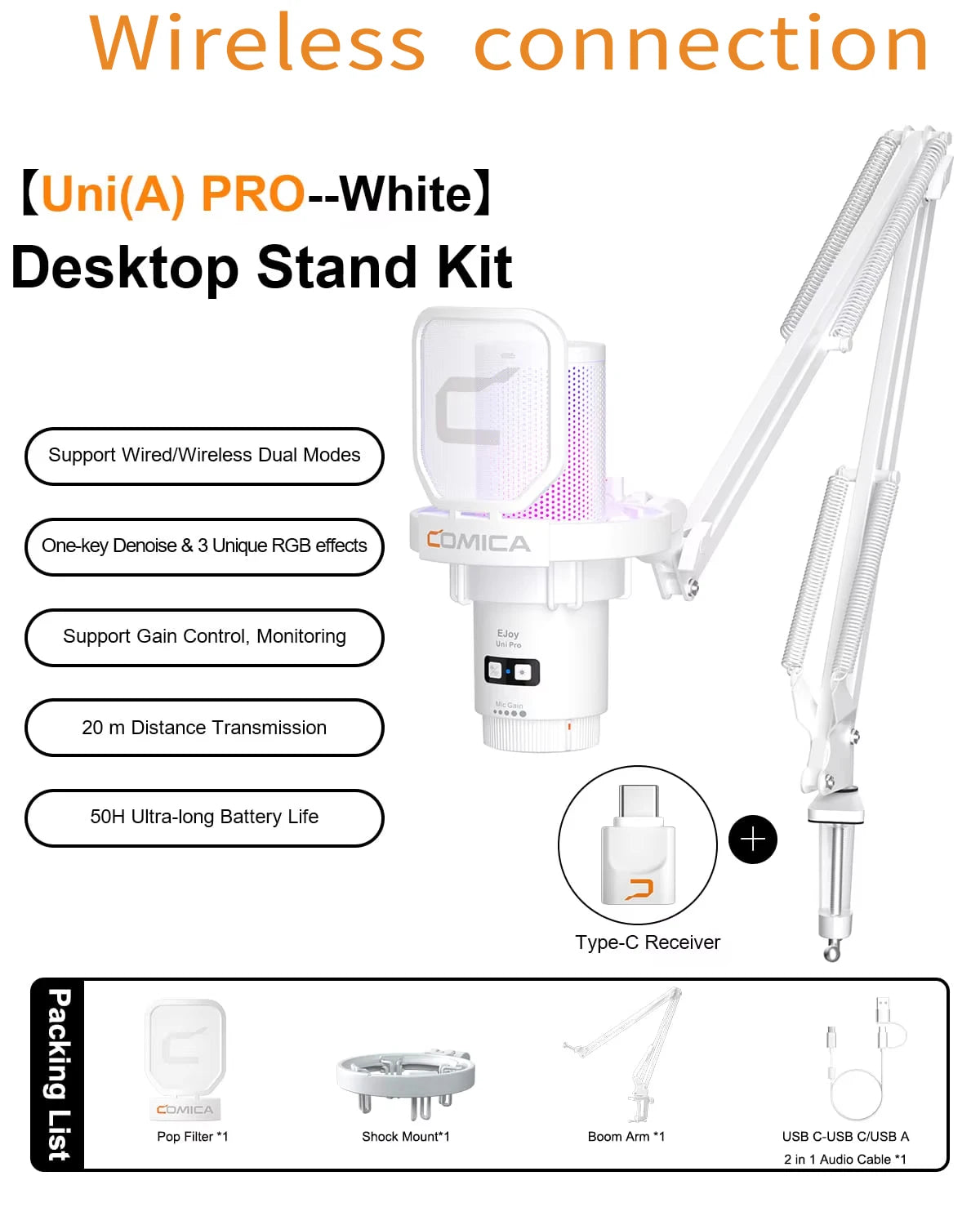 COMICA Uni Pro Wireless USB Gaming Microphone – Noise-Canceling Condenser Mic with RGB Lights for PC, Laptop & Smartphone
