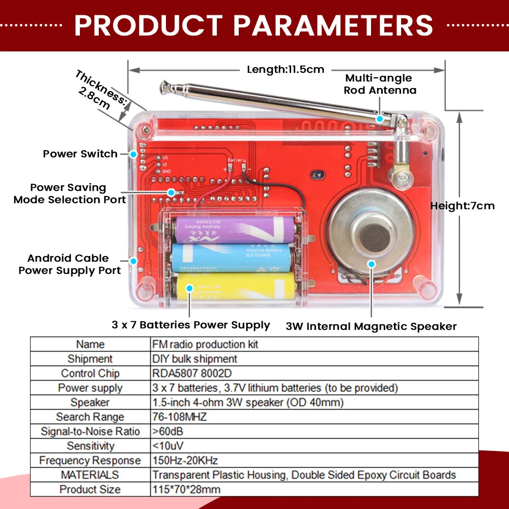 DIY FM Radio Soldering Kit - RDA5807 IC, 50–108MHz Adjustable Frequency, LED Digital Display, 3W Speaker, and Dual Power Supply
