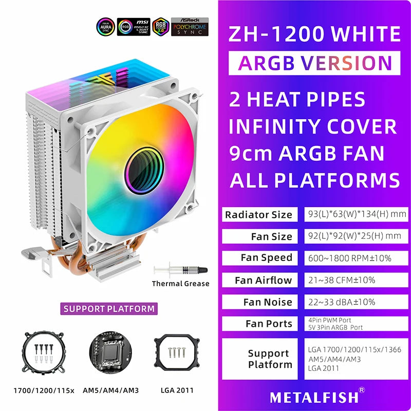 METALFISH ZH1200 CPU Cooler — 2 Heatpipe ARGB Radiator with 4-Pin PWM Silent Fan for Intel LGA 1700/1200/115X/1366/2011 & AMD AM5/AM4/AM3