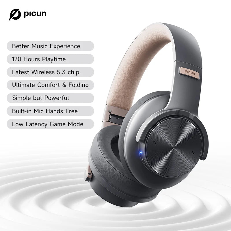 Picun B8 Bluetooth Headphones - 120H Playtime, Wireless Over-Ear Headset, 3EQ Mode, Low Latency, Hands-Free Calls