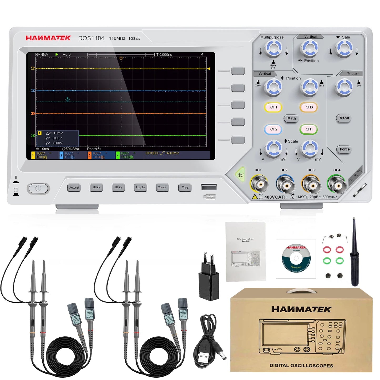Hanmatek Digital Oscilloscope β 2/4 Channel 110MHz Bandwidth, 1GS/s Sampling Rate, 7'' TFT Display, Desktop Storage Scope
