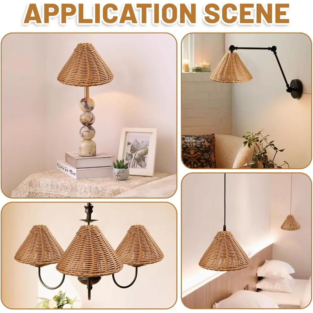 2-Pack Rattan Clip-On Lamp Shades - Empire Cone Replacement Shades for Chandeliers & Floor Lamps