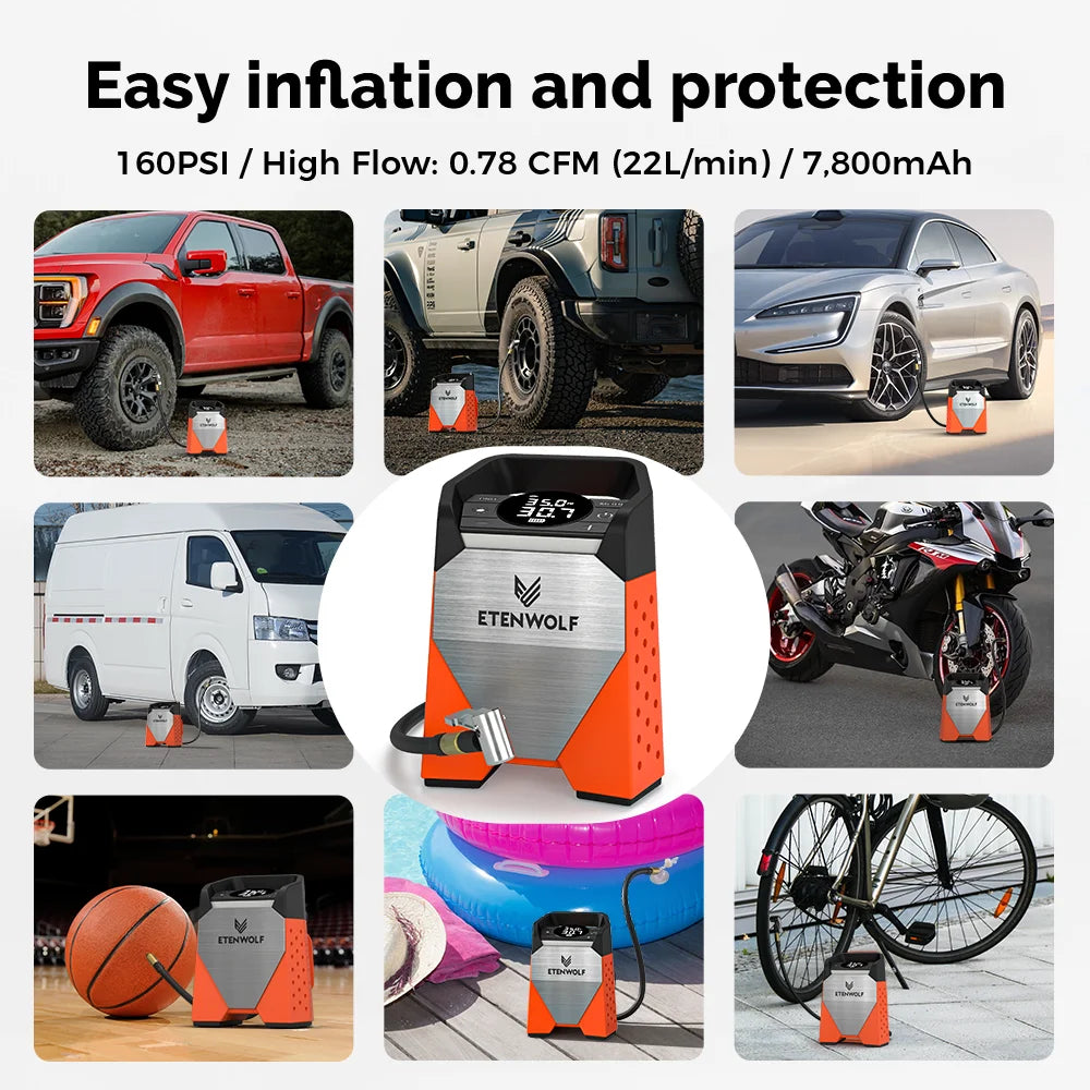 ETENWOLF ZEPHYR S3 Tire Inflator - 160 PSI Portable Air Compressor with 7800mAh Battery