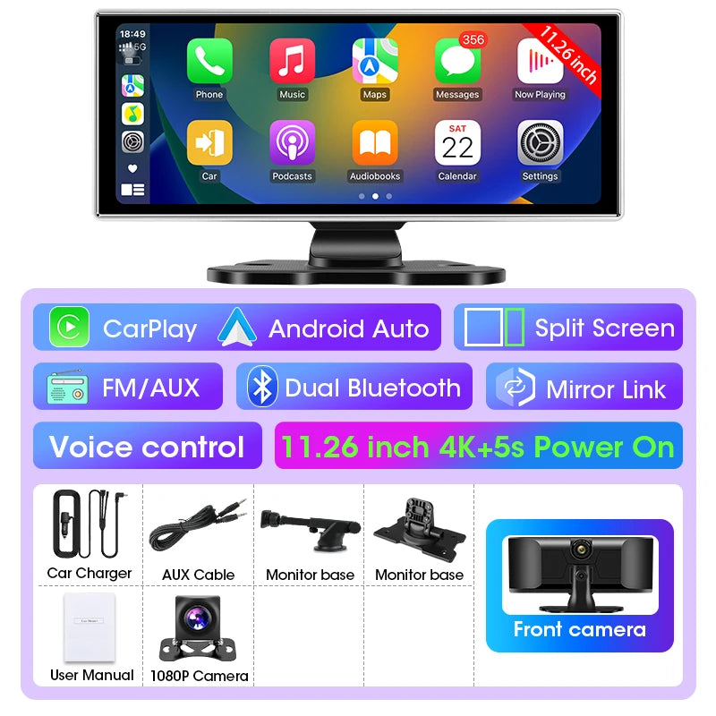 11.26-inch 4K Car DVR Dash Cam – Dual Lens Wireless CarPlay & Android Auto, GPS Navigation, 5G WiFi, FM, AUX Video Recorder Monitor