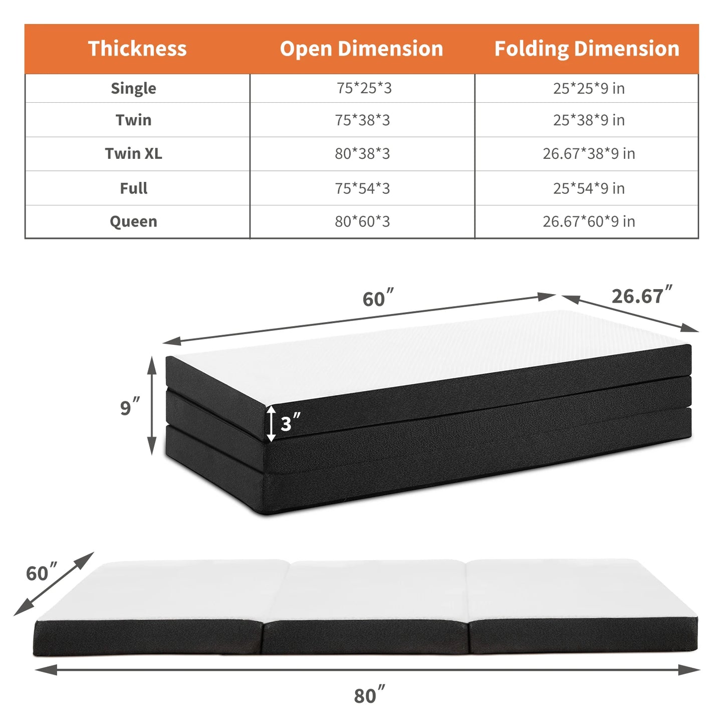 JHK Three-Fold Portable Floor Bed – CertiPUR-US Certified, Soft & Flexible Zipper Mattress for Travel, Camping, and Yoga