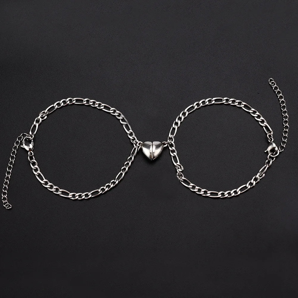 2-Piece Magnetic Couple Bracelet Set - Stainless Steel Heart Charm Cuban Chain Jewelry Gifts