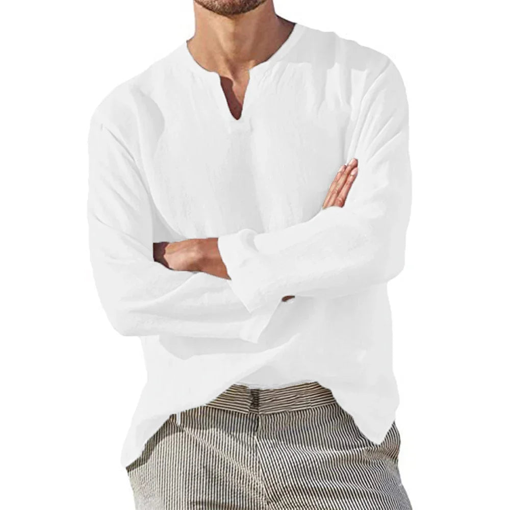 Men's Cotton Linen Long Sleeve Shirt - Breathable V-Neck Casual Lightweight Hawaiian Style Top