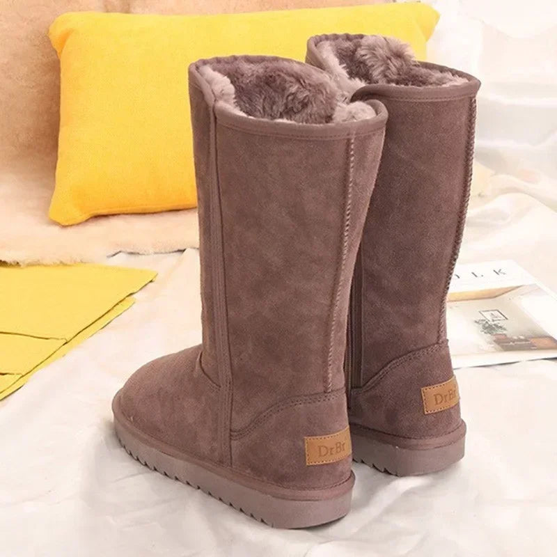 Women’s Classic Winter Snow Boots 2024 – Waterproof Leather Fur Knee-High Boots with Velvet Lining