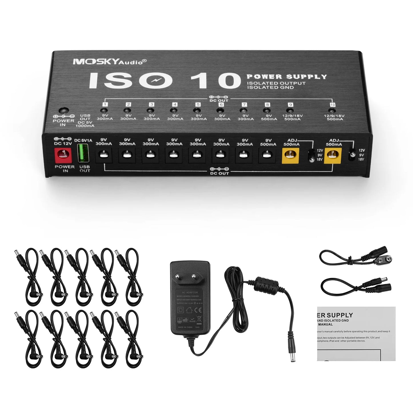 MOSKY ISO 10 Guitar Effect Pedal Power Supply – 10 Isolated DC Outputs, 5V USB Output, 9V 12V 18V Protection for Guitar Accessories