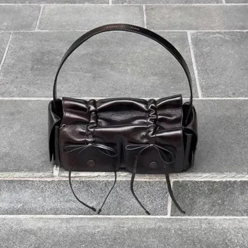 2024 Distressed PU Leather Rivet Bow Shoulder Bag β Pleated Underarm Luxury Handbag for Women