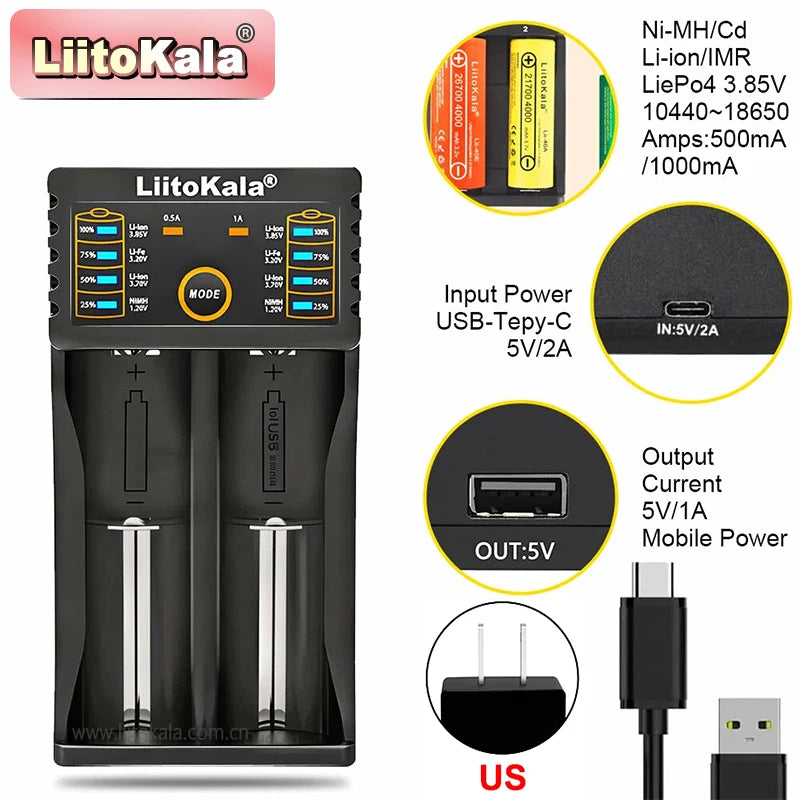 LiitoKala Lii-202 Battery Charger – Multi-Voltage 1.2V/3.7V Charging for 18650, 21700, 20700, 26650, 14500, 16340 NiMH & Li-Ion Batteries