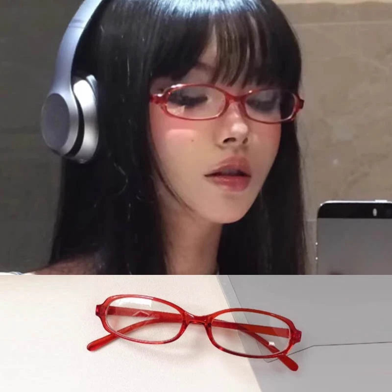 2024 Girls Y2K Retro Oval Glasses - Red & Green Frame, Anti-Blue Light Eyewear for Computer & Seaside Driving