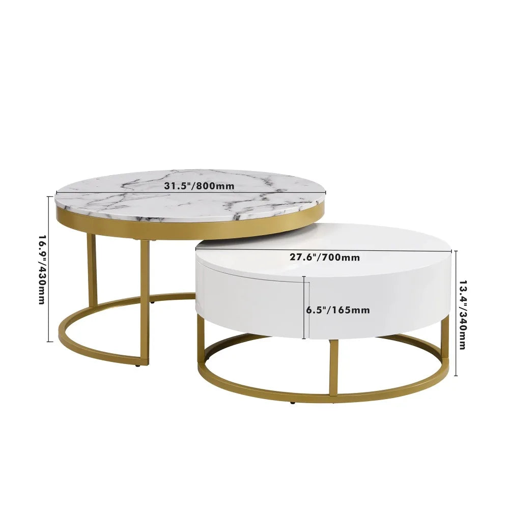 Set of 2 Round Gold Nesting Coffee Tables — Storage Drawer Living Room Furniture