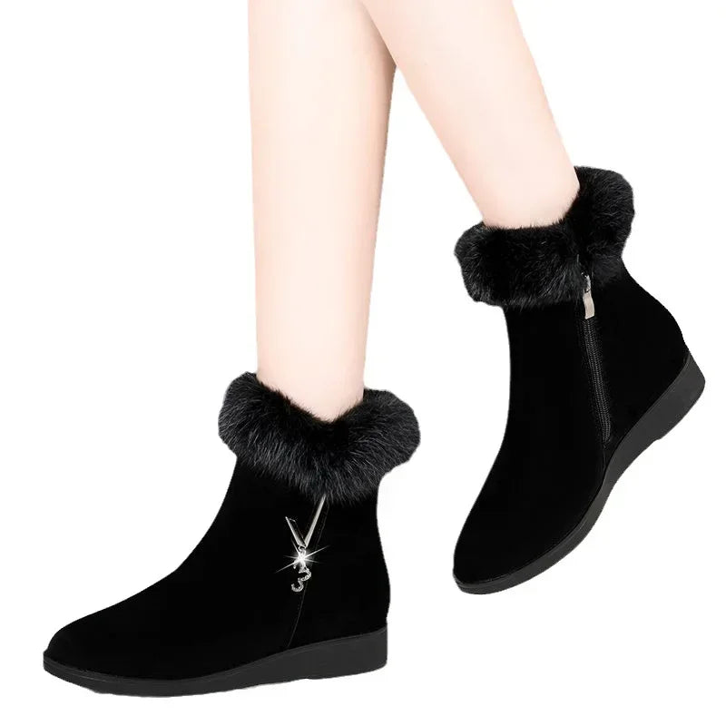 Plush Women's Boots – Comfortable Fur-Lined Hick-Sole Shoes, Fashion Zippered Vulcanized Anti-Slip Footwear for Ladies