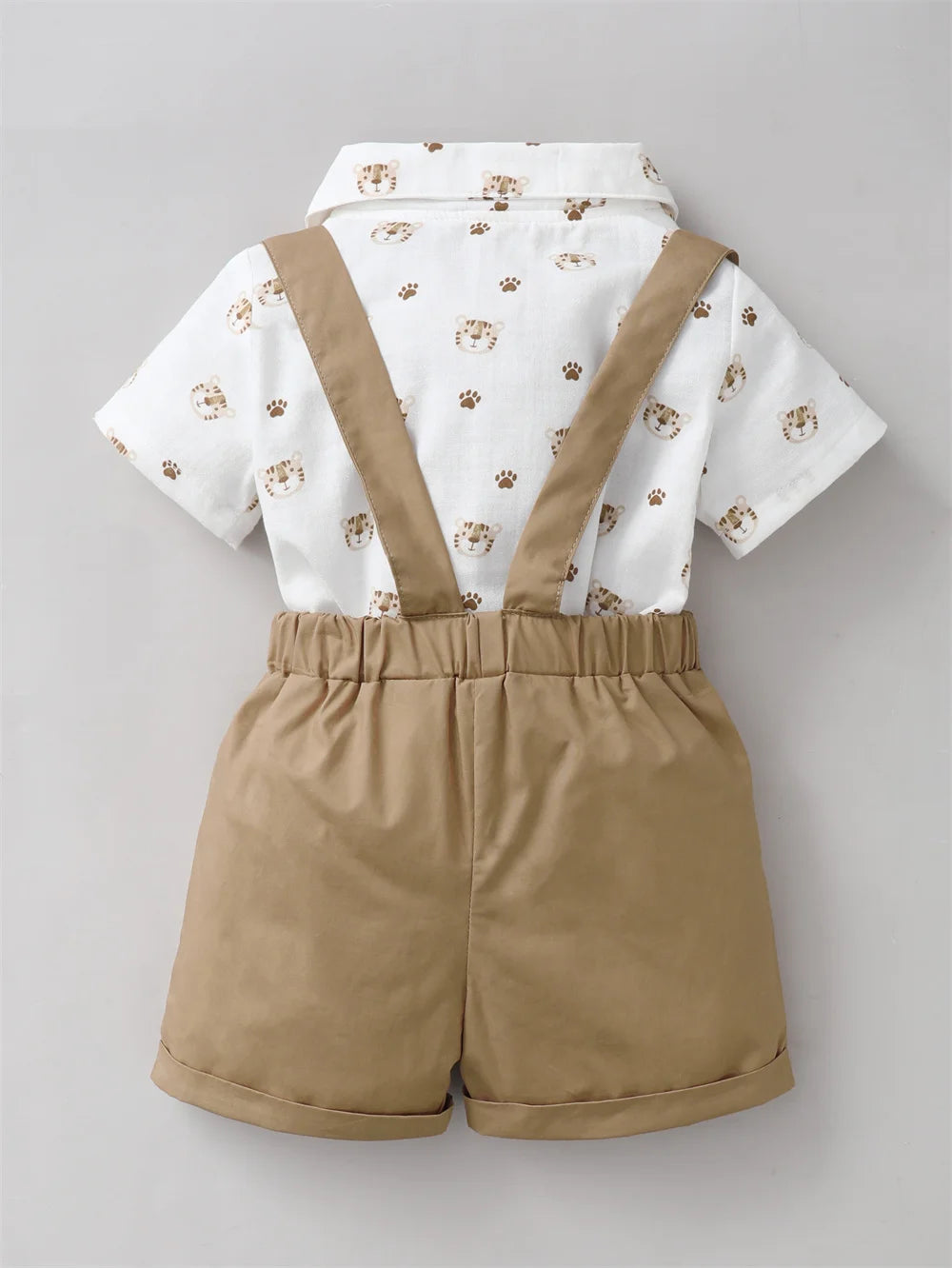 Infant Boy Outfit – Tiger Print Short Sleeve Shirt & Strap Shorts with Bow, Casual Birthday Party Suit (0-2 Years)