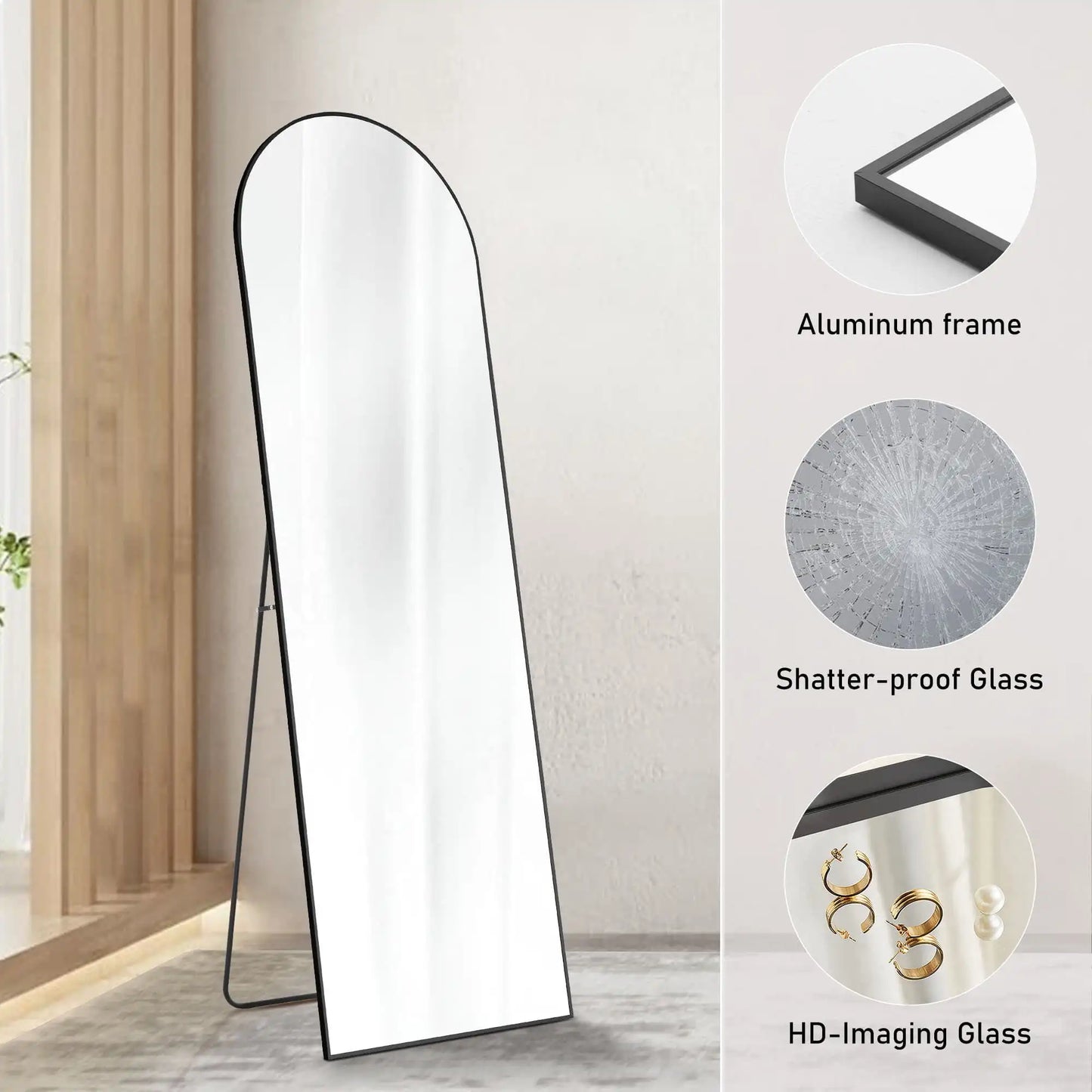 59-inch Arched Full-Length Floor Mirror — Standing Full Body Mirror with Gold Aluminum Alloy Frame & Bracket