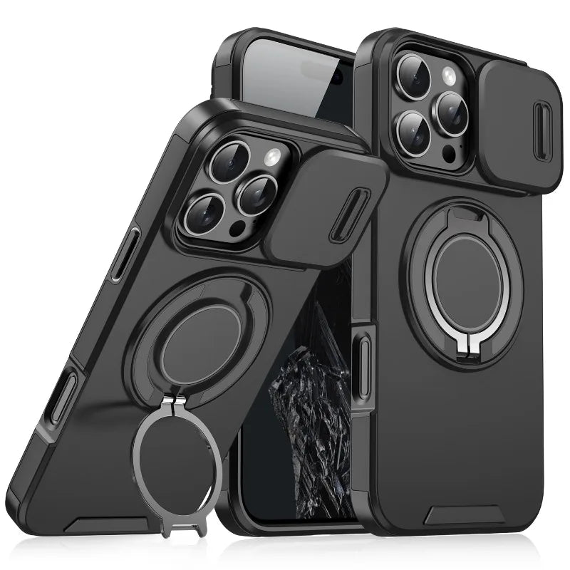Luxury Rugged Armor Magnetic Case – Heavy Duty PC Cover with Slide Camera Protection for iPhone 16, 15, 14, 13, 12, 11 Pro Max Plus