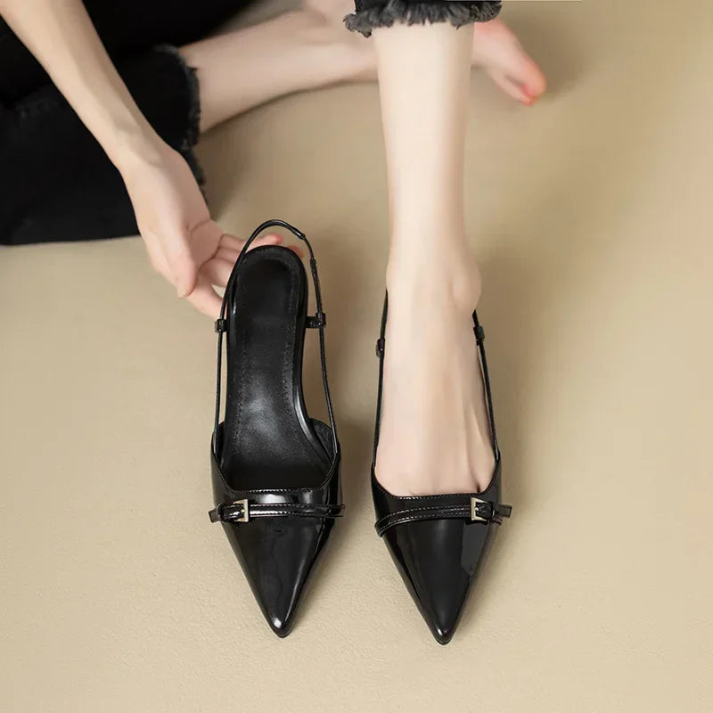 2024 Summer French Wine Red Pointed Patent Leather Mid-Heel Sandals for Women - Retro Skinny Heel