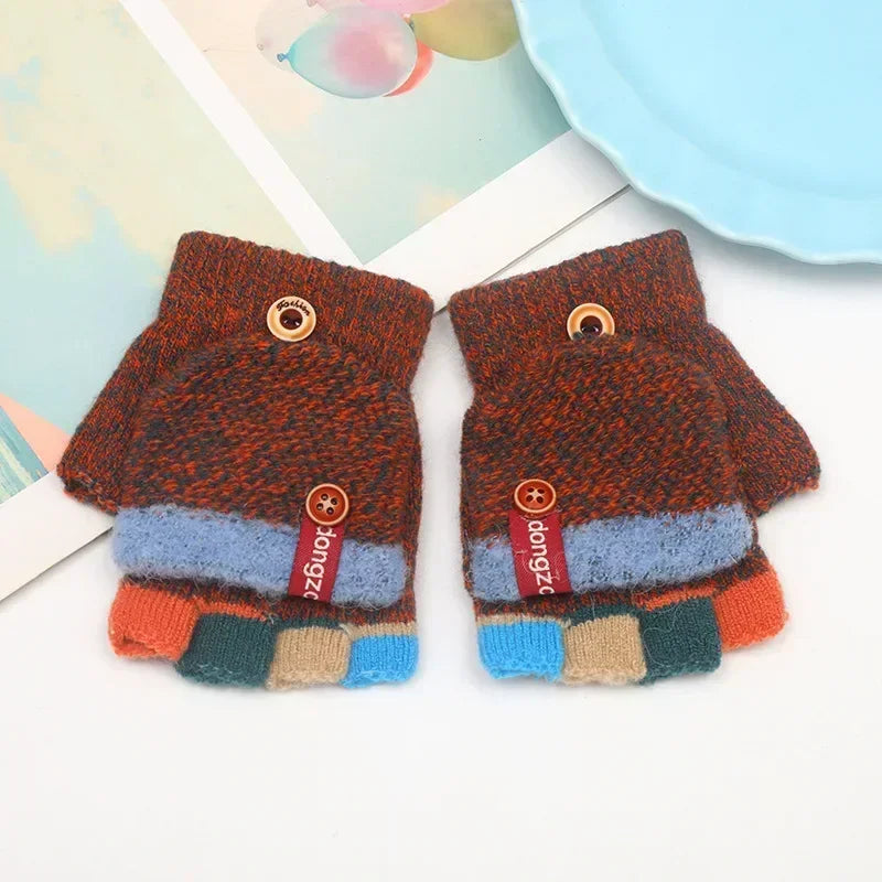 Kids’ Half-Finger Flip Gloves - Warm Jacquard Autumn Winter Gloves for Children and Students