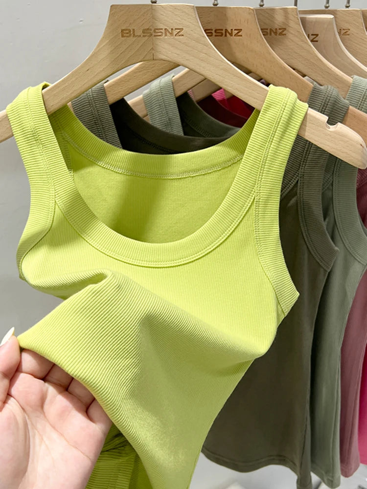Women’s Ribbed Tank Top Camisole – Solid Color Round Neck Elastic O-Neck Basic Summer Sleeveless Top