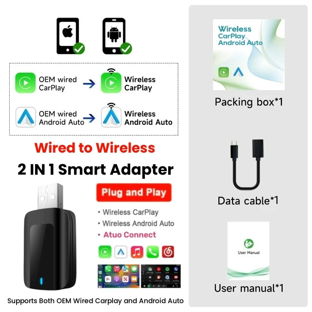 2-in-1 AI Box Mini Adapter – Wired to Wireless CarPlay & Android Auto, Plug and Play WiFi Smart Dongle, Compatible with 99% of Cars
