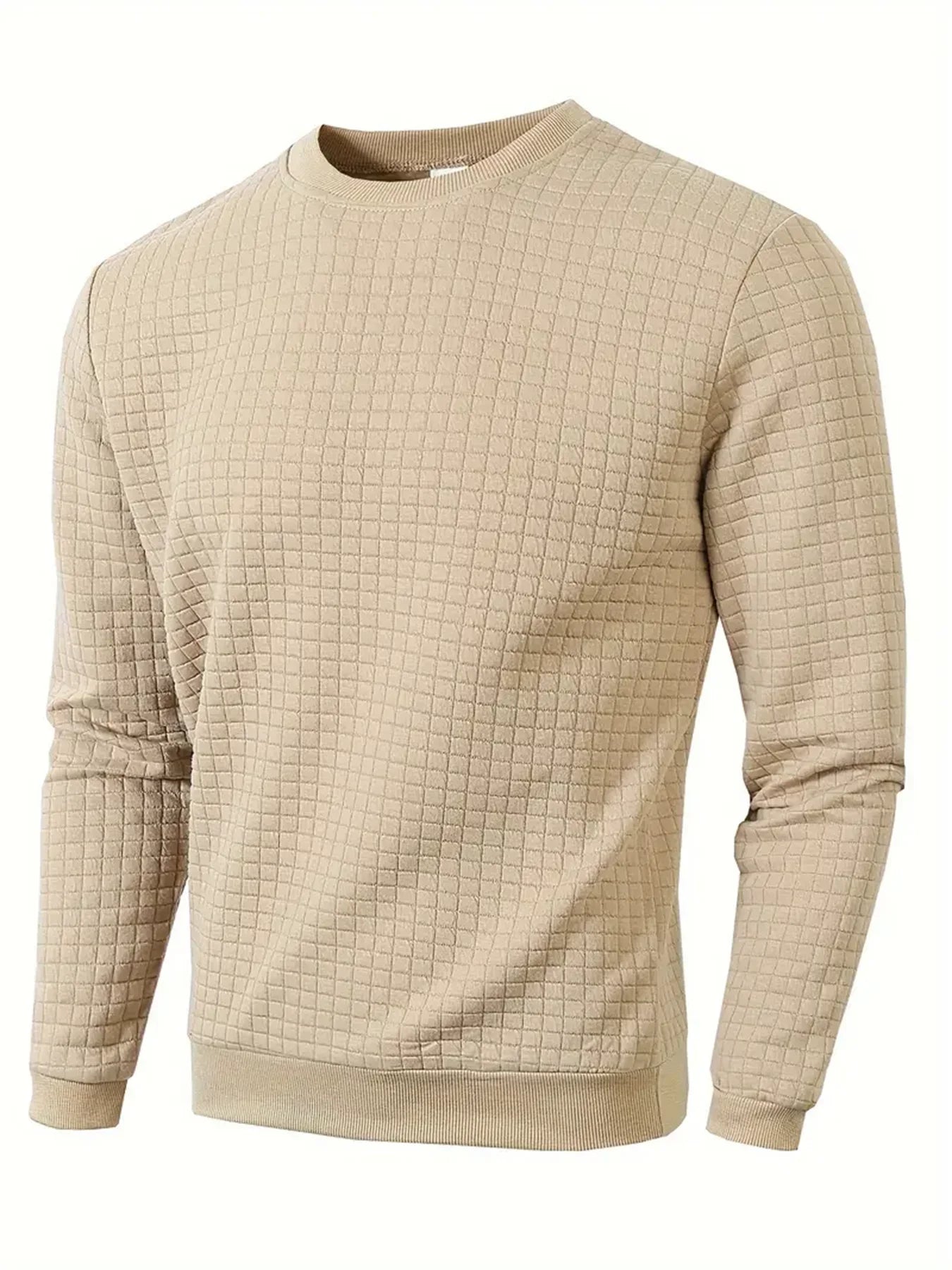 Men's Crew Neck Knit Sweater - Solid Color Jacquard Check Pullover Warm Casual Streetwear Top