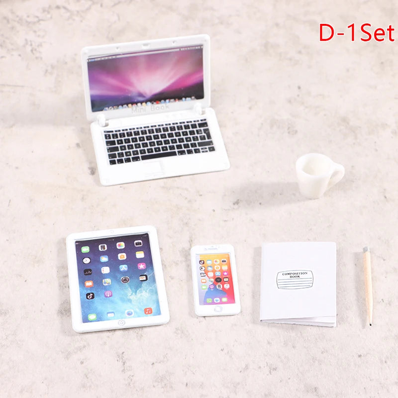 6–7PCS 1:12 Dollhouse Miniature Study Desk Set — Laptop, Phone, Tablet, Lamp & Books Scene Decor