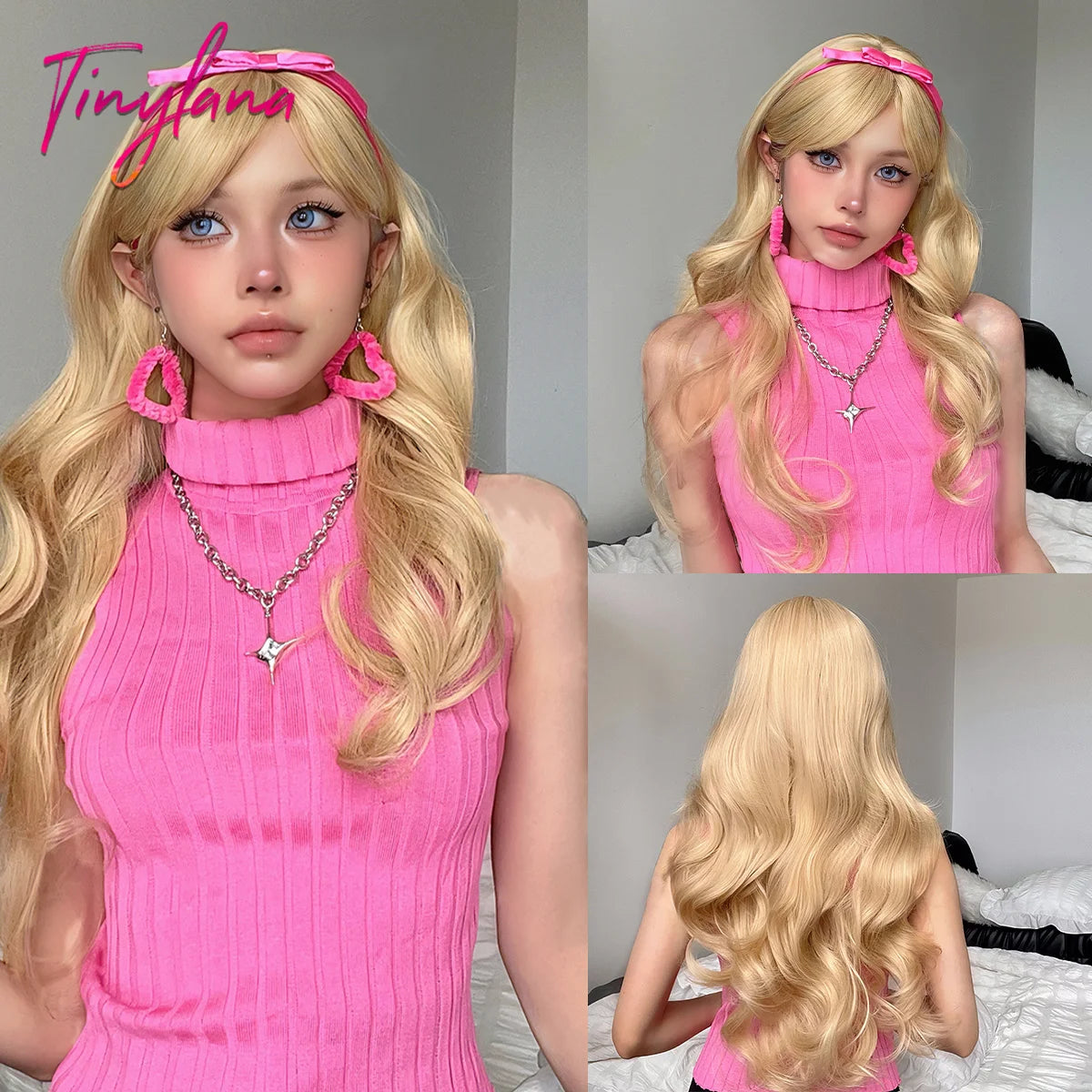 Long Blonde Wavy Synthetic Wig with Bangs – Lolita Cosplay & Halloween Heat-Resistant Wig for Women